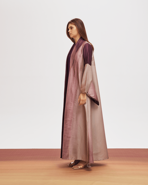 PURPLE OMBRE PRINTED RAW SILK ABAYA WITH CREPE INNER DRESS