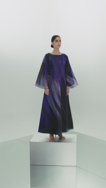 NAVY BLUE PRINTED AND GATHERED SOFT TULLE PANELLED ABAYA WITH ORGANZA INNER FULL SLEEVED DRESS