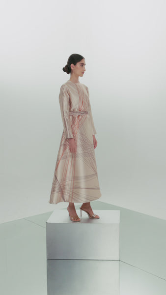 BEIGE PRINTED OVERSIZED ABAYA WITH INNER DRESS AND EMBROIDERED BELT