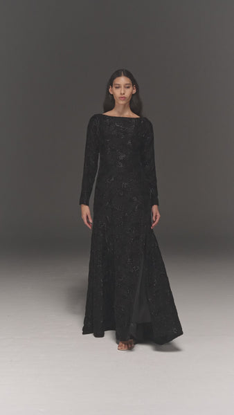 BLACK VELVET FULLY EMBROIDERED PANELLED DRESS WITH SLIT