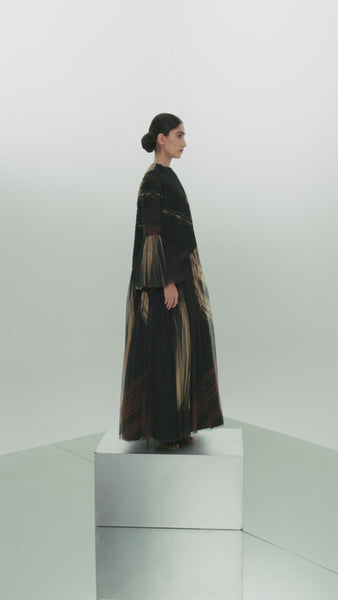BLACK AND BEIGE PRINTED AND GATHERED SOFT TULLE PANELLED ABAYA WITH ORGANZA INNER FULL SLEEVED DRESS