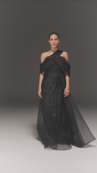 BLACK DRAPED METALLIC TULLE SEMI FIT DRESS