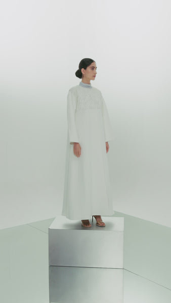 WHITE EMBROIDERED CREPE ABAYA WITH LIGHT BLUE SOFT TULLE DRESS AND EMBROIDERED BELT