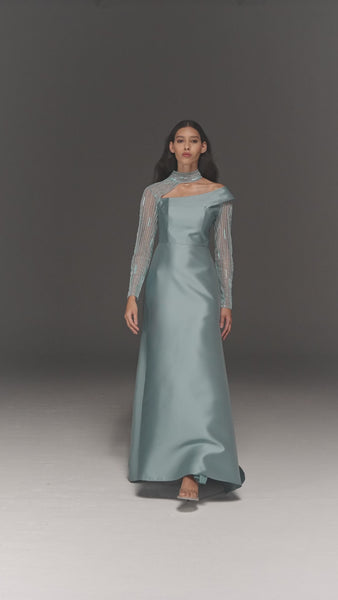 TURQUOISE SATIN ASYMMETRICAL FLARED DRESS WITH SHEER HAND EMBROIDERED SLEEVES AND NECK