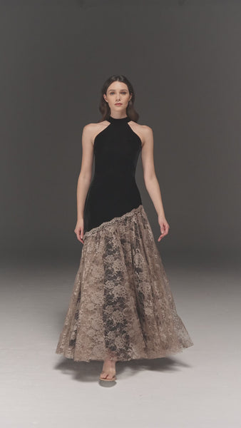 BLACK AND MAUVE HALTERNECK FLARED ASYMMETRIC DRESS