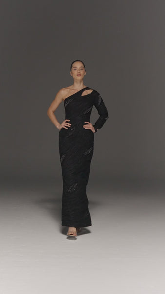 BLACK PENCIL FIT ONE SHOULDER DRESS WITH HAND EMBROIDERED DETAILS