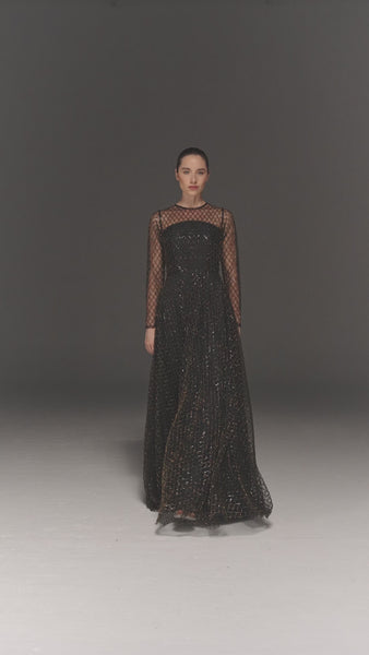 BLACK AND GOLD HAND EMBROIDERED TULLE FLARED FULL SLEEVE DRESS