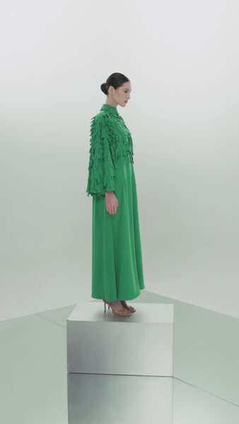 FOREST GREEN FRINGED LASER CUT SEMI-FIT CREPE DRESS