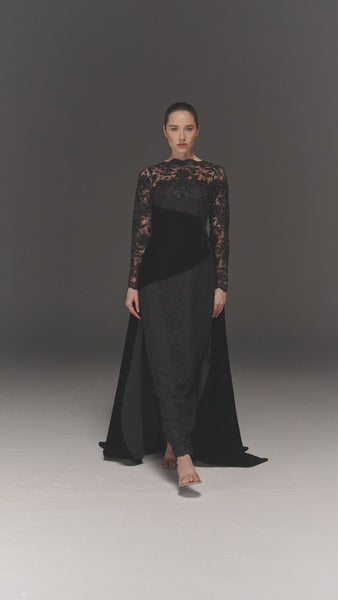 BLACK LACE AND VELVET STRAIGHT FIT DRESS WITH TRAIL
