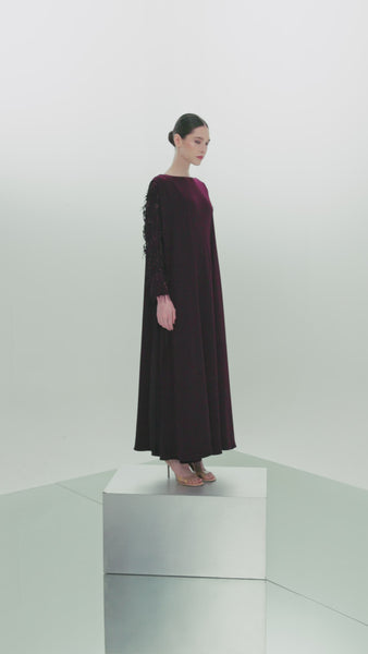 DARK PURPLE CREPE SEMI FITTED DRESS WITH LASER CUT EMBROIDERY
