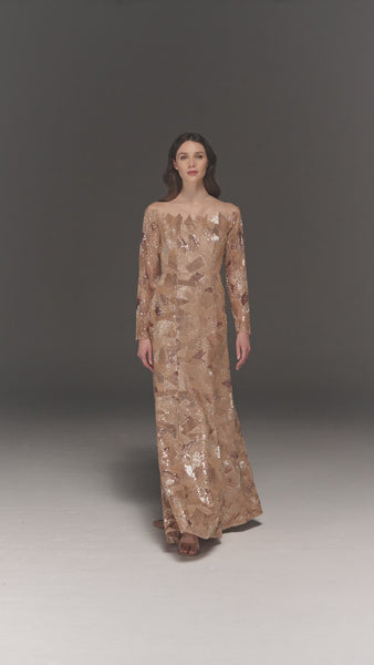 GOLDEN FULLY HAND EMBROIDERED AND PANELLED FULL SLEEVE DRESS WITH SLIGHT TRAIL