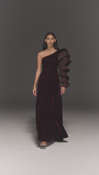 MAROON VELVET PANELLED FLARED ONE SHOULDER DRESS WITH RUFFLED SLEEVES