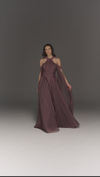 TWO TONED SOFT TULLE HALTERNECK JUMPSUIT WITH EMBROIDERY