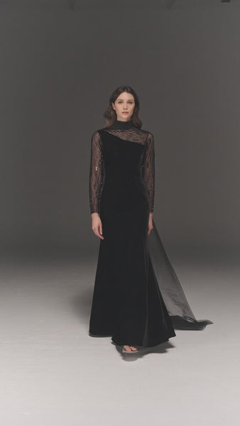 BLACK VELVET MERMAID DRESS WITH SHEER HAND EMBROIDERED SLEEVES AND TULL DRAPED NECK & TRAIL