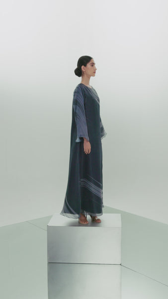 SLATE BLUE PRINTED AND GATHERED SOFT TULLE PANELLED ABAYA WITH ORGANZA INNER FULL SLEEVED DRESS