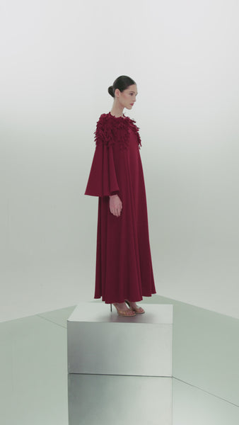DEEP RED CREPE LASER CUT EMBROIDERED LOOSE FIT DRESS