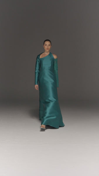 TEAL SATIN AND TULLE ASYMMETRIC SHOULDER FLARED DRESS