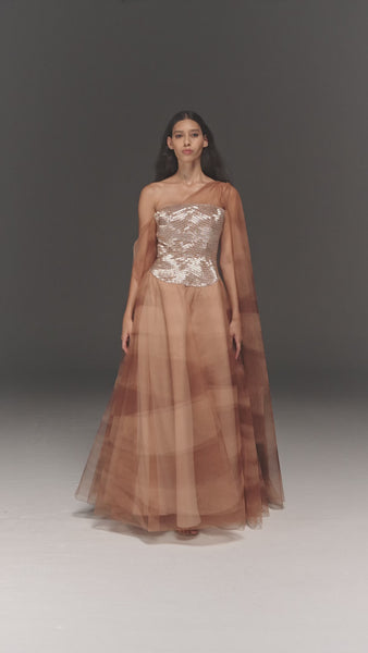 CHAMPAIGNE HAND EMBROIDERED PRINTED FLARED DRESS WITH SLEEVE TRAIL