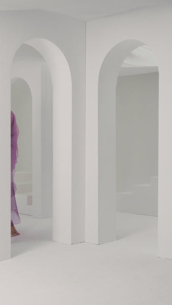 PURPLE PRINTED ASYMMETRIC OVERLAY ORGANZA DRAPED DRESS