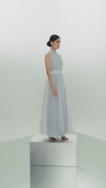 WHITE EMBROIDERED CREPE ABAYA WITH LIGHT BLUE SOFT TULLE DRESS AND EMBROIDERED BELT