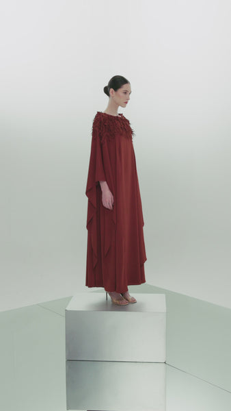 BRONZE CREPE ASYMMETRIC LOOSE FIT DRESS WITH LASER CUT EMBROIDERY
