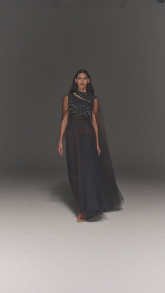 BLUE AND BROWN PRINTED AND HAND EMBROIDERED DRAPED AND FLARED DRESS WITH SLEEVE TRAILS