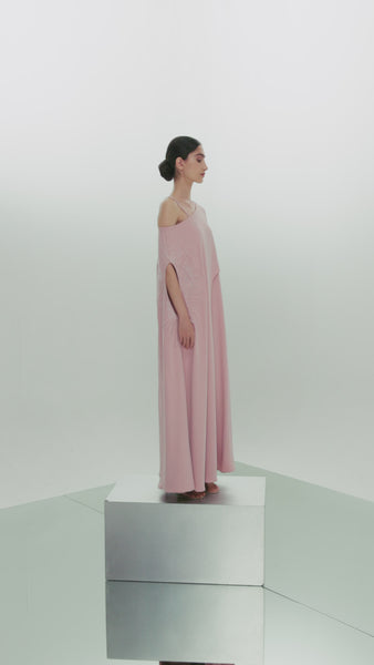LIGHT PINK CREPE ASYMMETRIC OVERLAY LOOSE FIT DRESS WITH EMBROIDERY