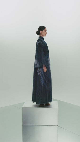 SLATE BLUE PRINTED AND GATHERED SOFT TULLE PANELLED ABAYA WITH ORGANZA INNER FULL SLEEVED DRESS