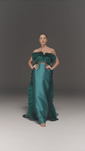TEAL BLUE CORSET TUBE DRESS WITH TULLE RUFFLED CAPE