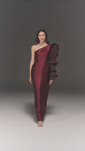 MAROON SATIN PENCIL FIT ONE SHOULDER DRESS WITH RUFFLED SLEEVE