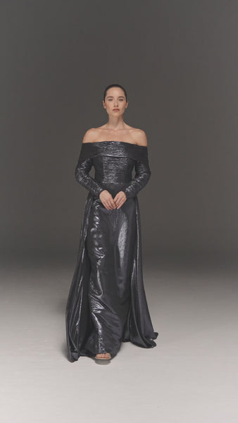 BLUE METALLIC GATHERED STRAIGHT CUT DRESS WITH TRAIL