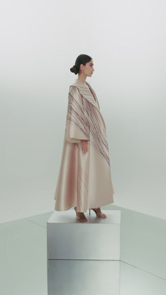 BEIGE PRINTED OVERSIZED ABAYA WITH INNER DRESS AND EMBROIDERED BELT
