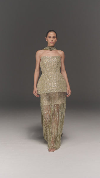 LIGHT GREEN HAND EMBROIDERED PEPLUM TUBE DRESS WITH NECK SASH