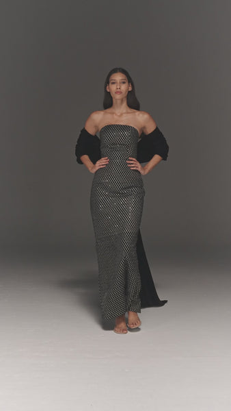 VELVET EMBROIDERED TUBE PENCIL FIT DRESS WITH PLAIN VELVET CAPE