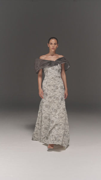 WHITE AND BLACK EMBROIDERED VELVET EXAGGERATED TRAIL DRESS WITH GREY OVERLAY