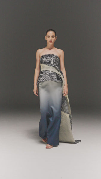 BLUE AND CREAMY PRINTED AND HAND EMBROIDERED PEPLUM DRESS WITH ORGANZA TRAIL