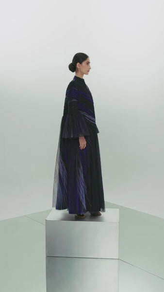 NAVY BLUE PRINTED AND GATHERED SOFT TULLE PANELLED ABAYA WITH ORGANZA INNER FULL SLEEVED DRESS