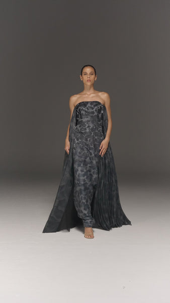 GREY PRINTED AND EMBROIDERED TUBE STRAIGHT FIT DRESS WITH PLEATED ORGANZA TRAIL