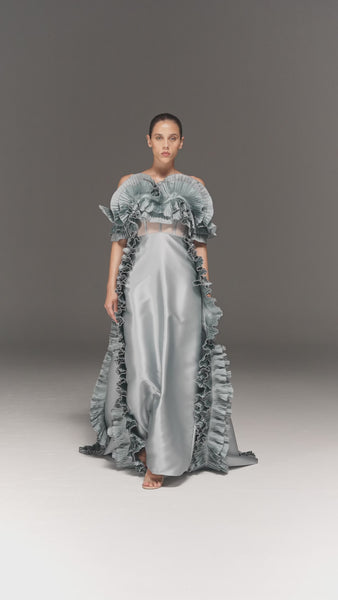 ICE BLUE CORSET TUBE DRESS WITH RUFFLED CAPE