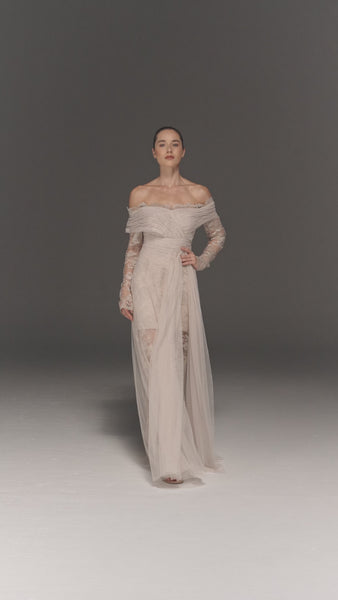 OFF-WHITE LACE AND TULLE SEMI FITTED FULL SLEEVES DRESS WITH DRAPED TRAIL