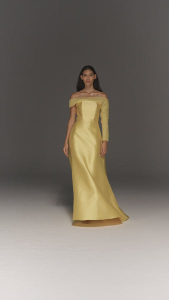 YELLOW SATIN AND TULLE ASYMMETRIC FLARED DRESS