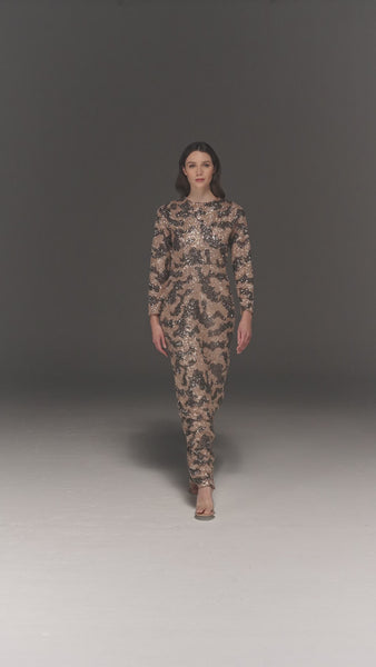 GOLD AND GREY HAND EMBROIDERED PENCIL FIT FULL SLEEVED DRESS