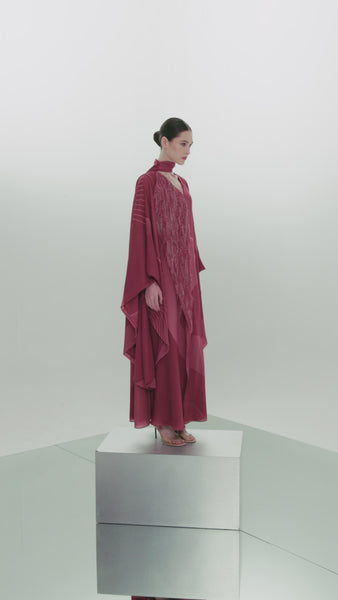 ASYMMETRIC DARK PINK PRINTED CHIFFON LOOSE FIT DRESS WITH LASER CUT EMBROIDERY