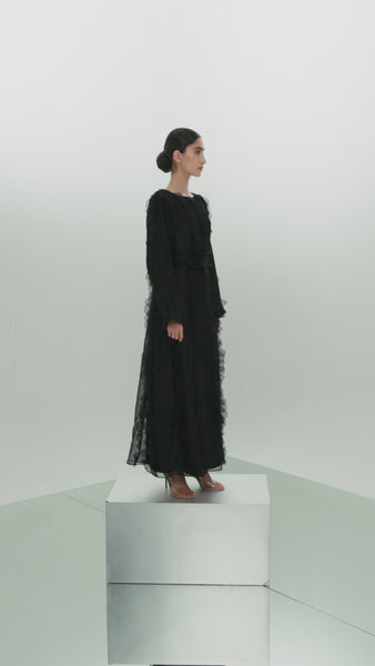 BLACK ORGANZA LASER CUT PANELLED SEMI FIT DRESS WITH BELT