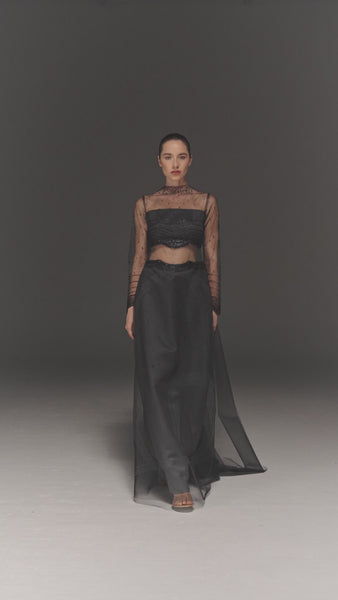 BLACK TULLE AND SATIN PRINTED A-LINE DRESS WITH EMBROIDERY