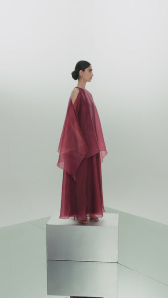 BURNT ORANGE ASYMMETRIC ORGANZA LAYERED LOOSE FIT PRINTED DRESS