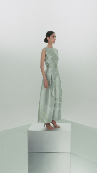 LIGHT GREEN PRINTED OVERSIZED ABAYA WITH INNER JUMPSUIT AND EMBROIDERED BELT