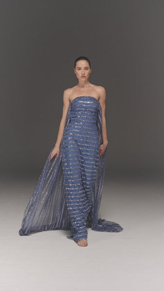 BLUE TULLE AND CREPE STRAIGHT FIT EMBROIDERED TUBE DRESS WITH SIDE TRAILS