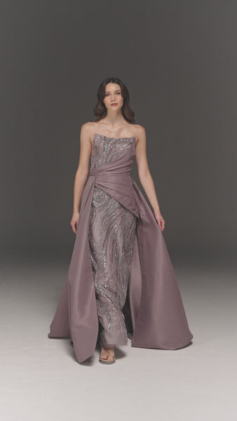 LILAC AND GREY TWO TONED EMBROIDERED TUBE DRESS WITH DRAPED TRAIL