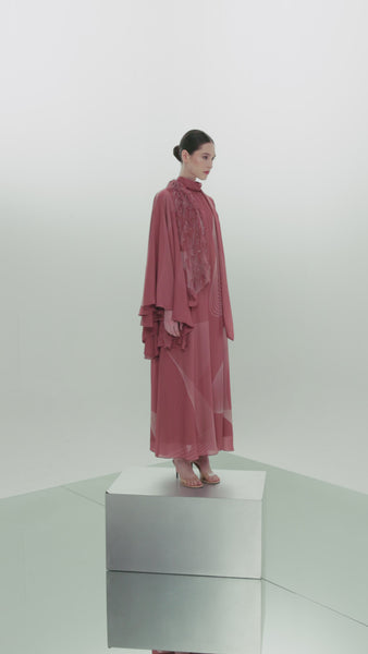 CORAL PRINTED CHIFFON LOOSE FIT DRESS WITH LASER CUT EMBROIDERY